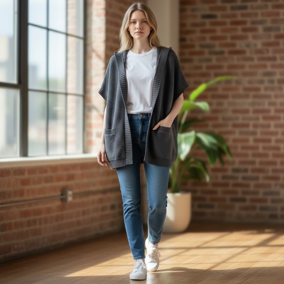 aerie Sweaters - Aerie Womens Short Sleeve Hooded Cardigan Gray Ribbed Open Front Pocket L/XL